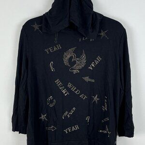 Monari Sweater Sweatshirt Size L Black 3/4 Sleeve Hooded Beaded Stretch